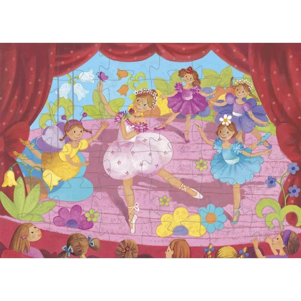 Gyerek balett puzzle lányokkal színpadon, színes virágos háttérrel, nézőkkel.