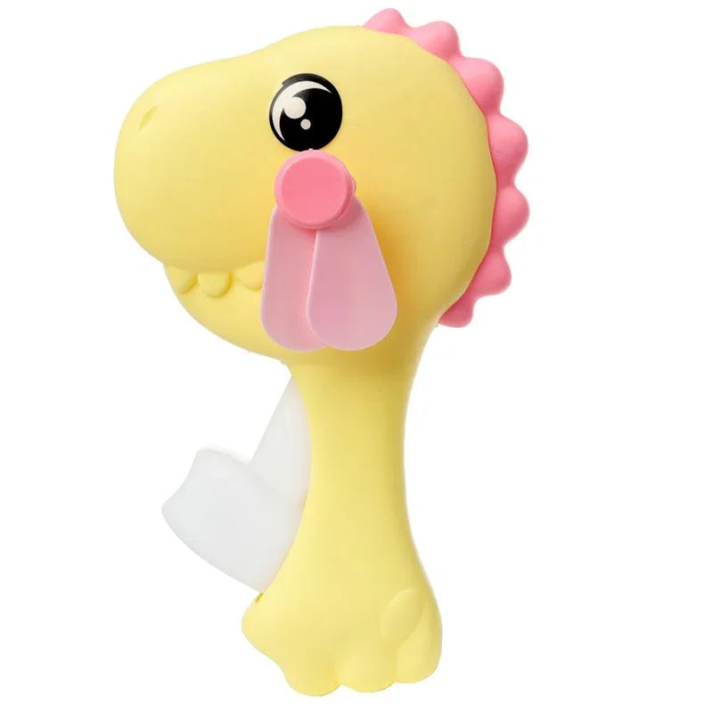 Sárga dinoszaurusz formájú műanyag játék, rózsaszín díszítéssel, babajáték