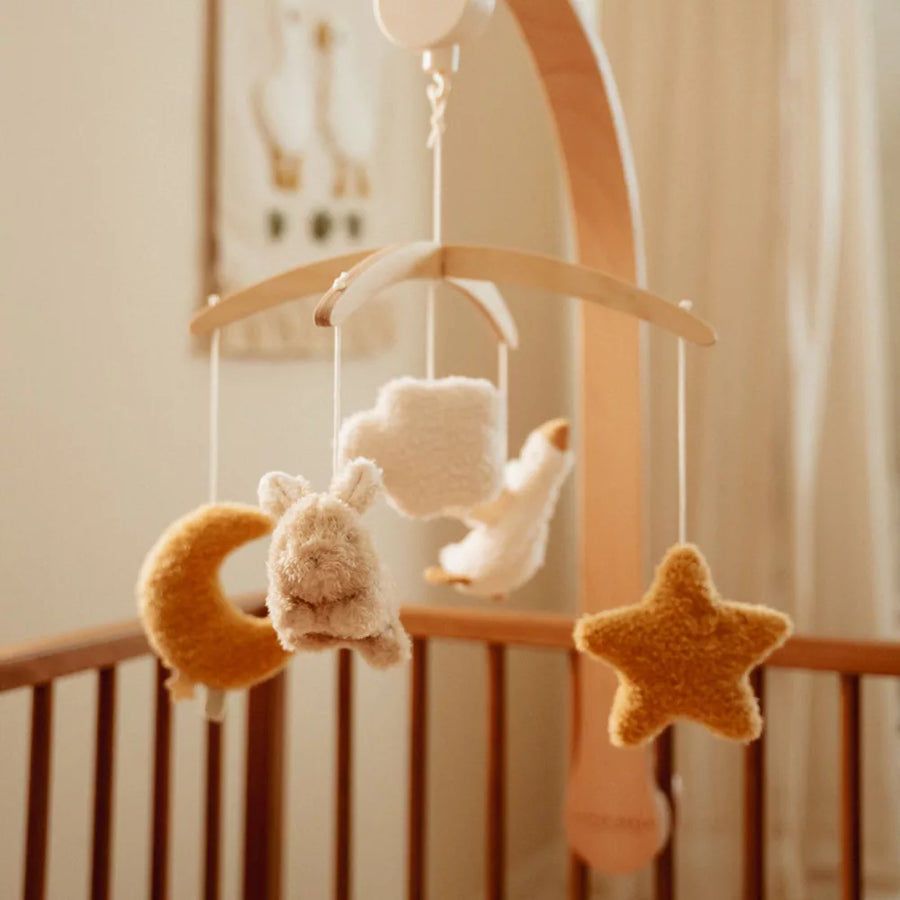 Little Dutch®  Zenélő körforgó natúr fa vázzal - Newborn Naturals