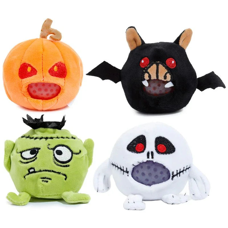 Plüss Halloween figurák: tök, denevér, zombi, koponya, interaktív stresszlabda játék