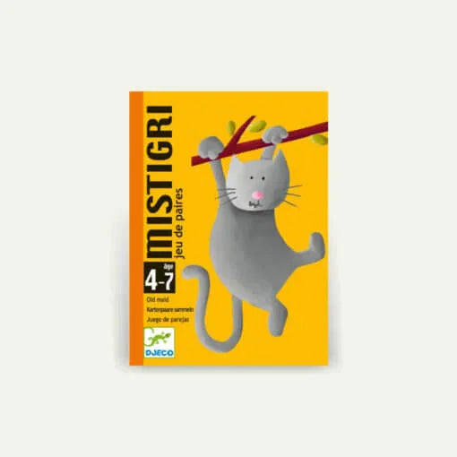 Mistigri kártyajáték doboz, sárga háttéren lógó cica illusztráció, 4-7 éveseknek