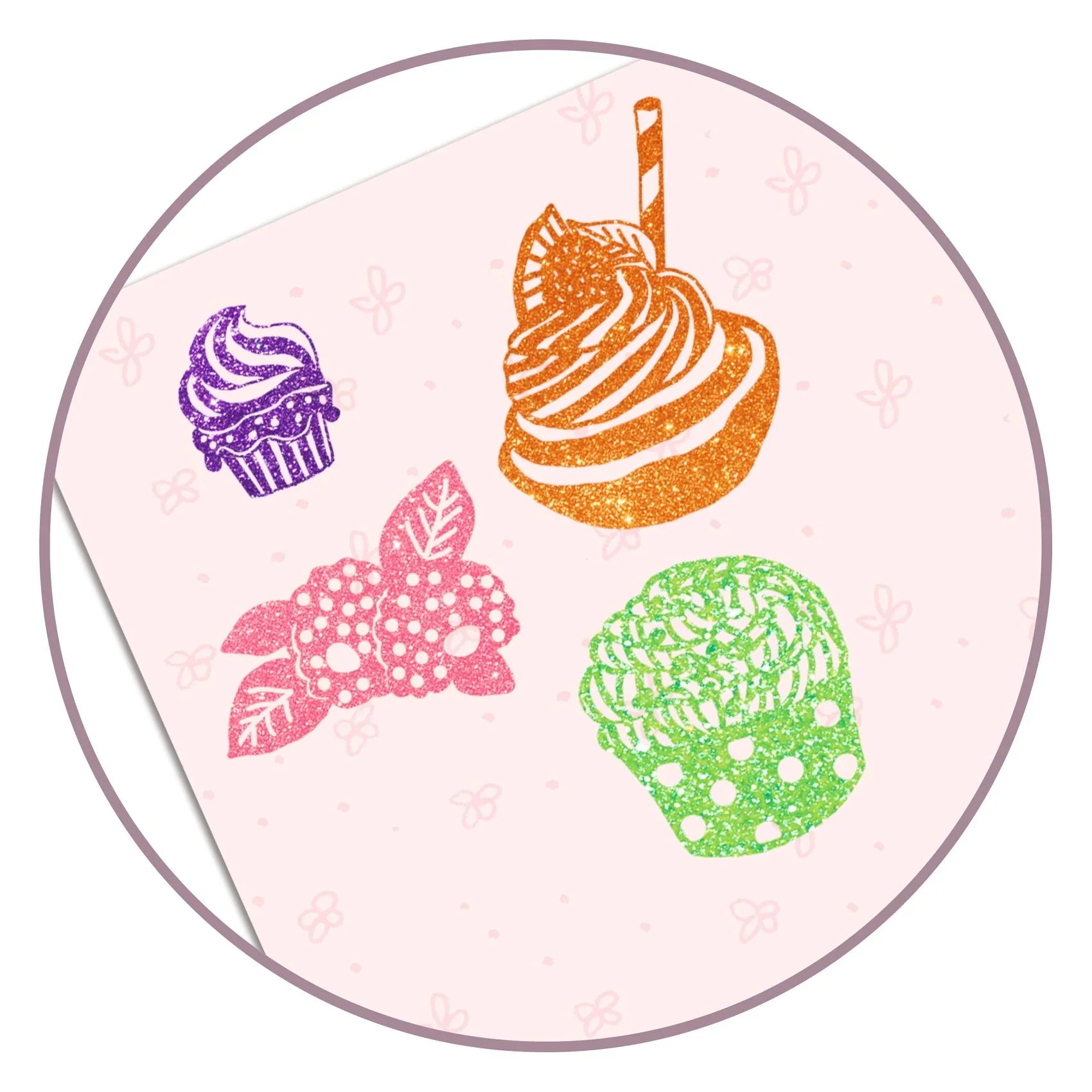 Csillámporral díszített édesség és muffin kollázs gyerekeknek kreatív képkészítéshez.