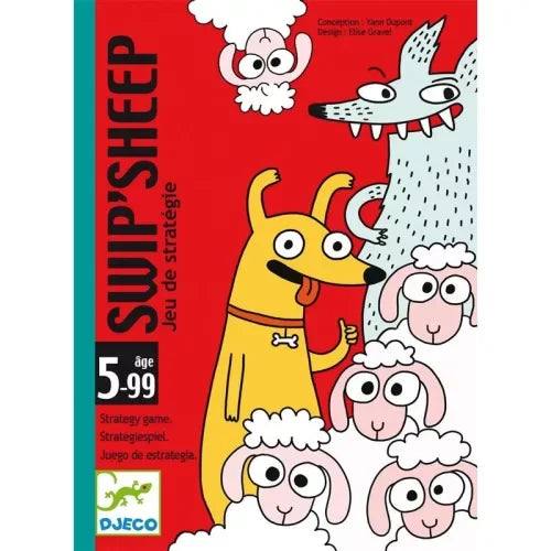 Swip'Sheep társasjáték doboza, rajzolt kutya, farkas és bárányok piros háttérrel, 5 éves kortól