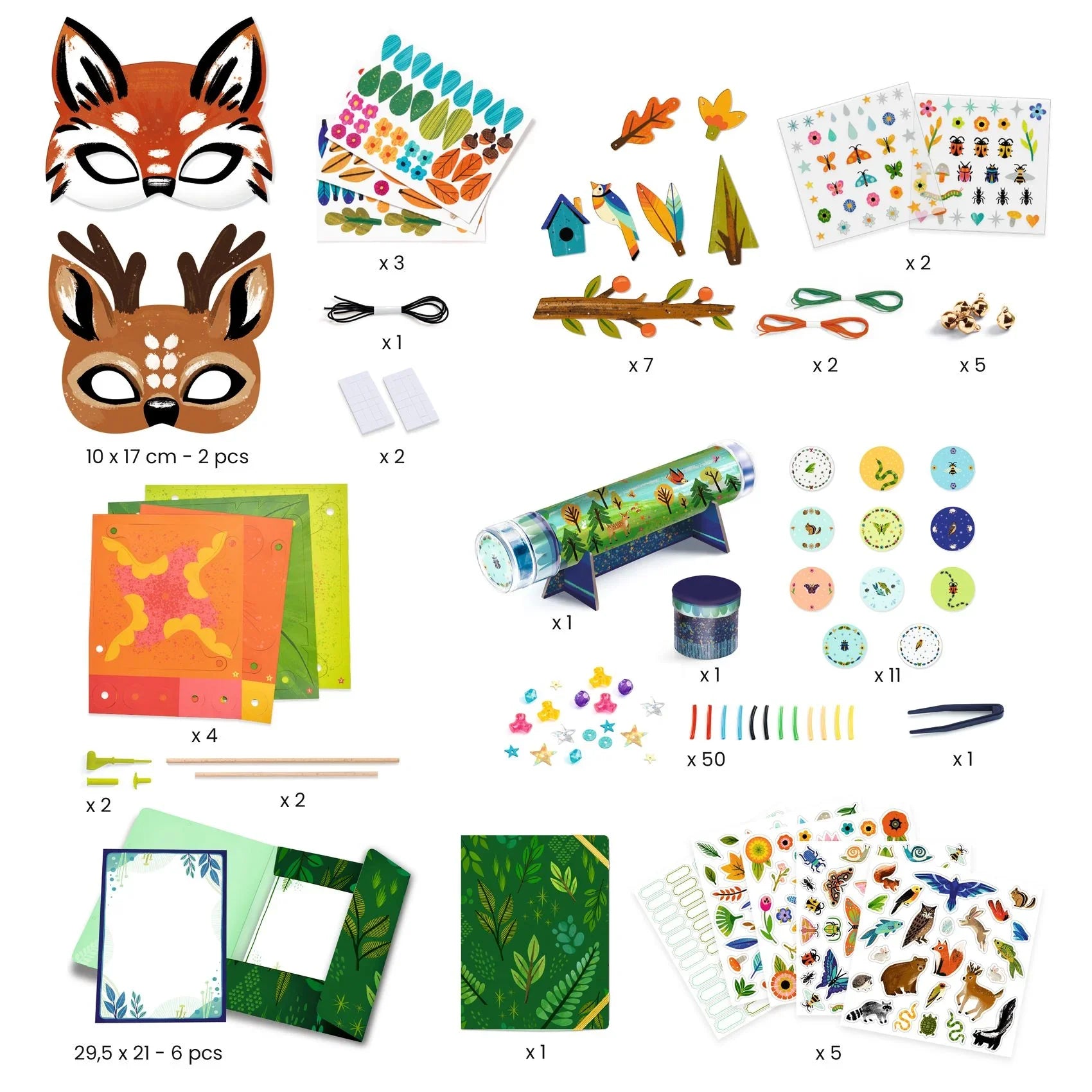 Kreatív természetes DIY készlet gyerekeknek, maszkok, matricák, kaleidoszkóp, erdei motívumok.