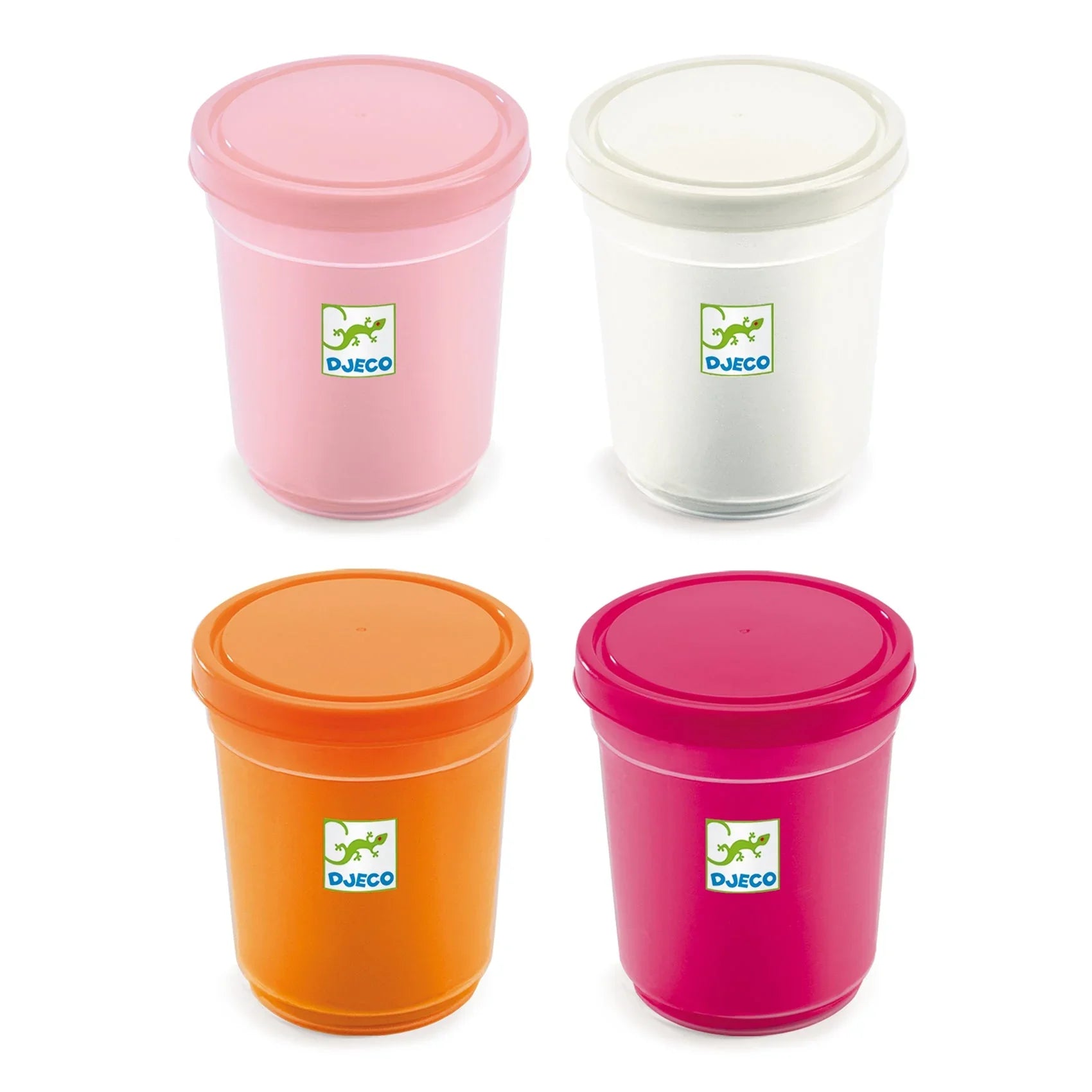 Gyurma szett négy tégelyben, rózsaszín, fehér, narancssárga, pink színekben, Djeco logóval.