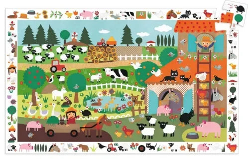 Színes farm puzzle illusztráció sok állattal, gyerekekkel és tanyasi jelenetekkel.