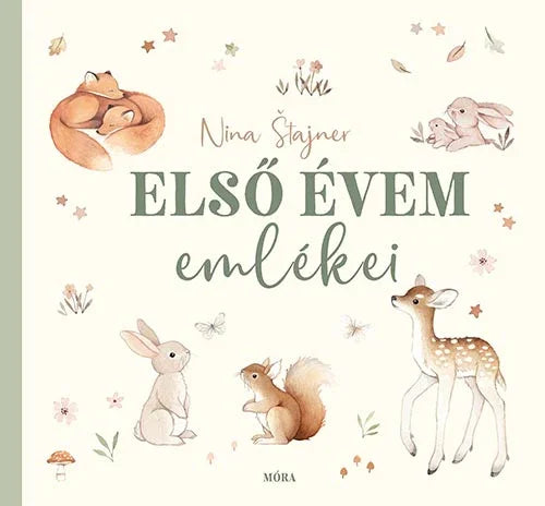 Első évem emlékkönyv borítója erdei állatokkal, őz, nyúl, róka, mókus illusztrációval