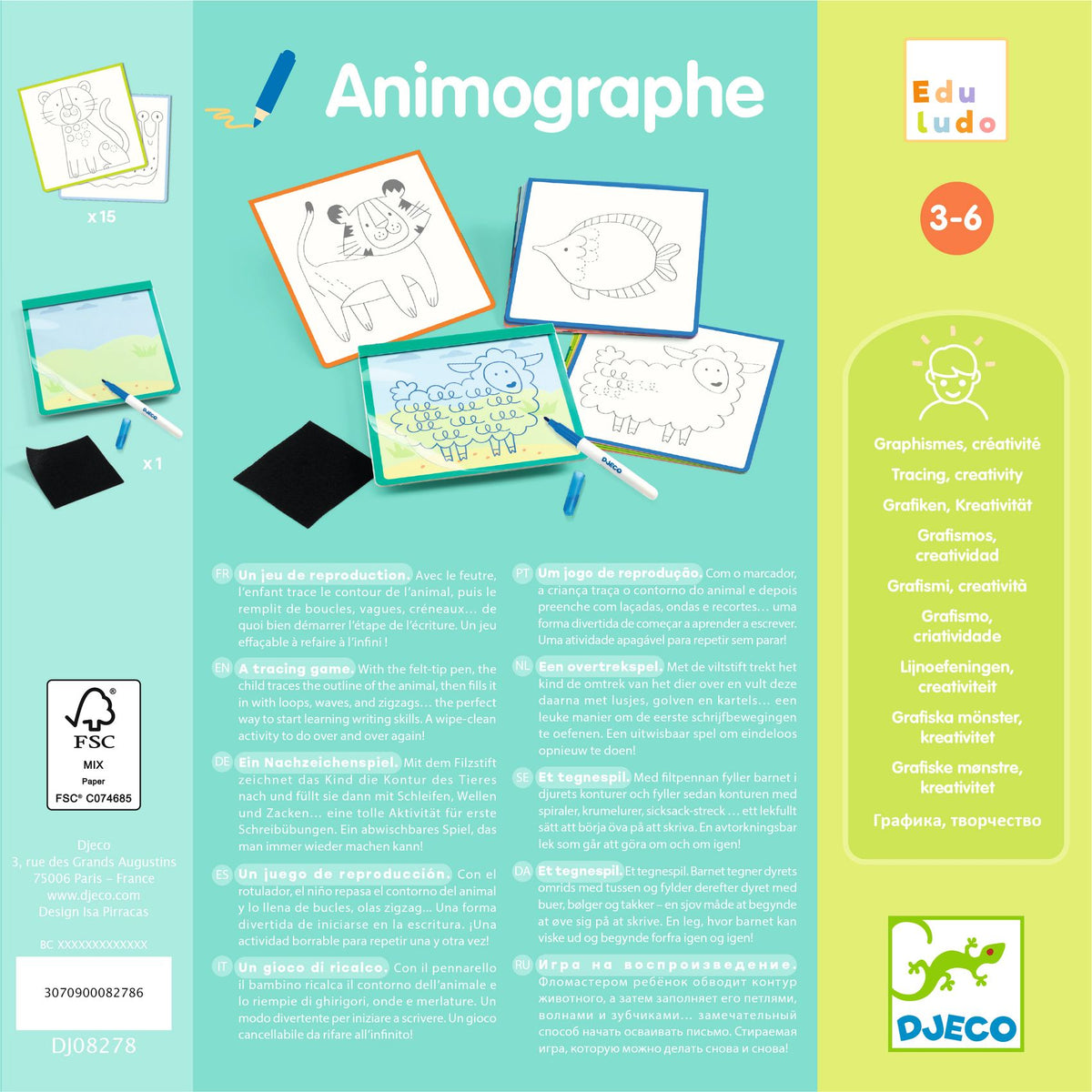 Djeco Fejlesztő játék - Állatmintás vonalvezető - Eduludo Animographe