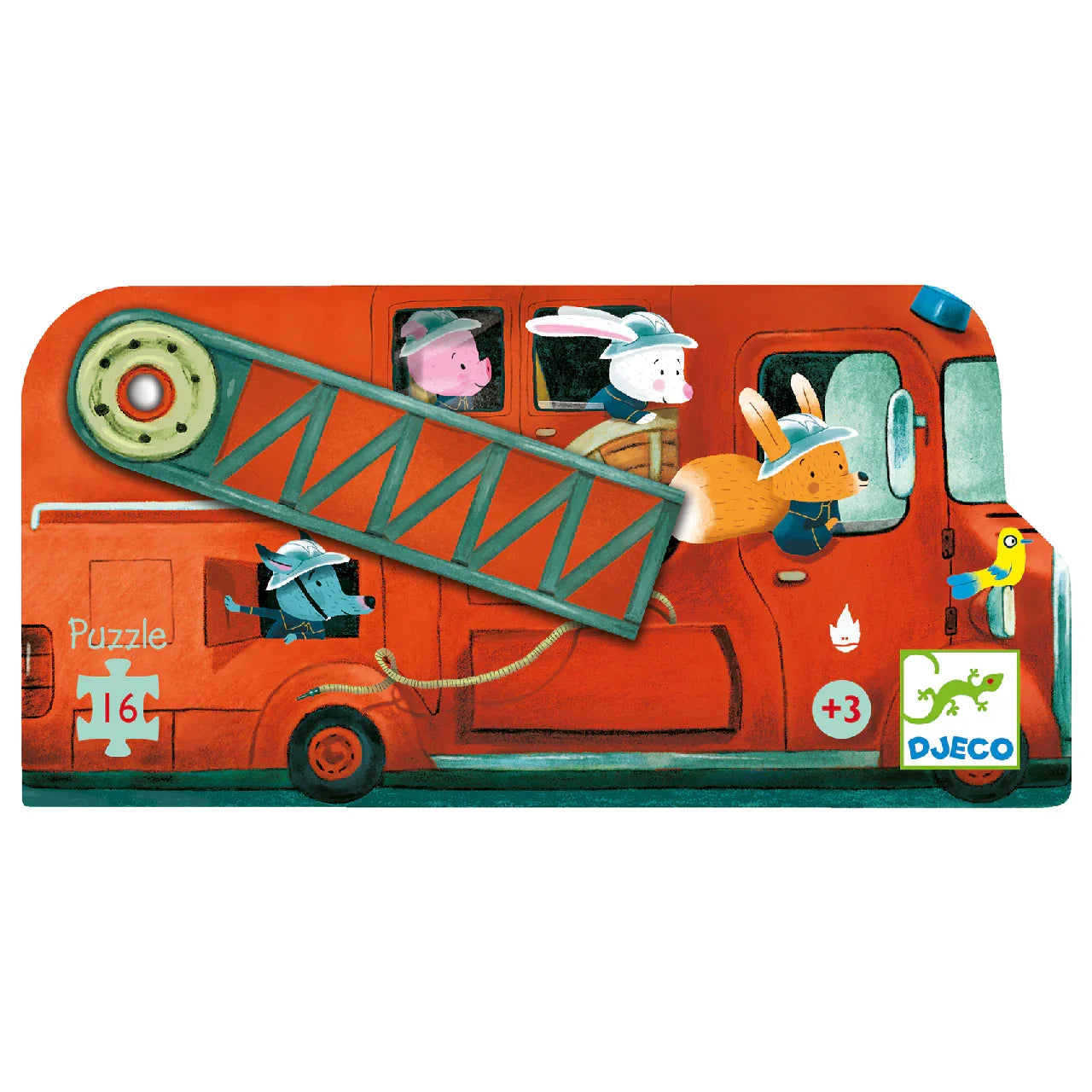 Tűzoltóautó formájú puzzle doboz, állatos illusztrációval, 16 darabos gyerek játék
