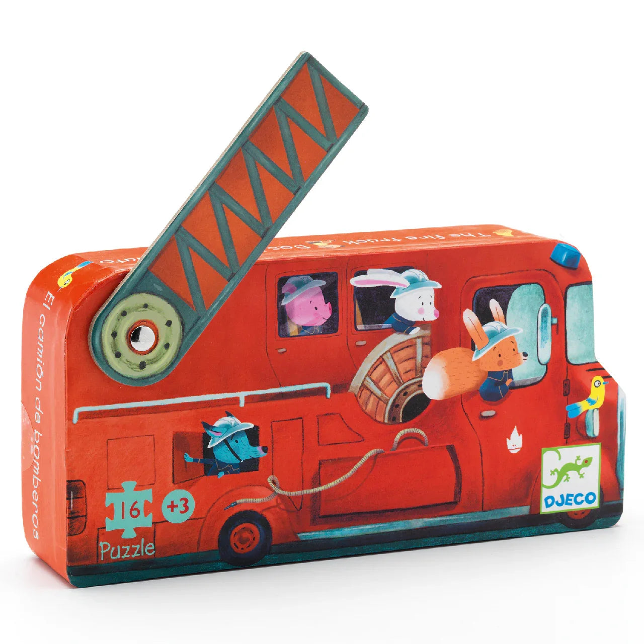 Tűzoltóautó formájú, 16 darabos gyerek puzzle mesés állatfigurákkal, piros dobozban.