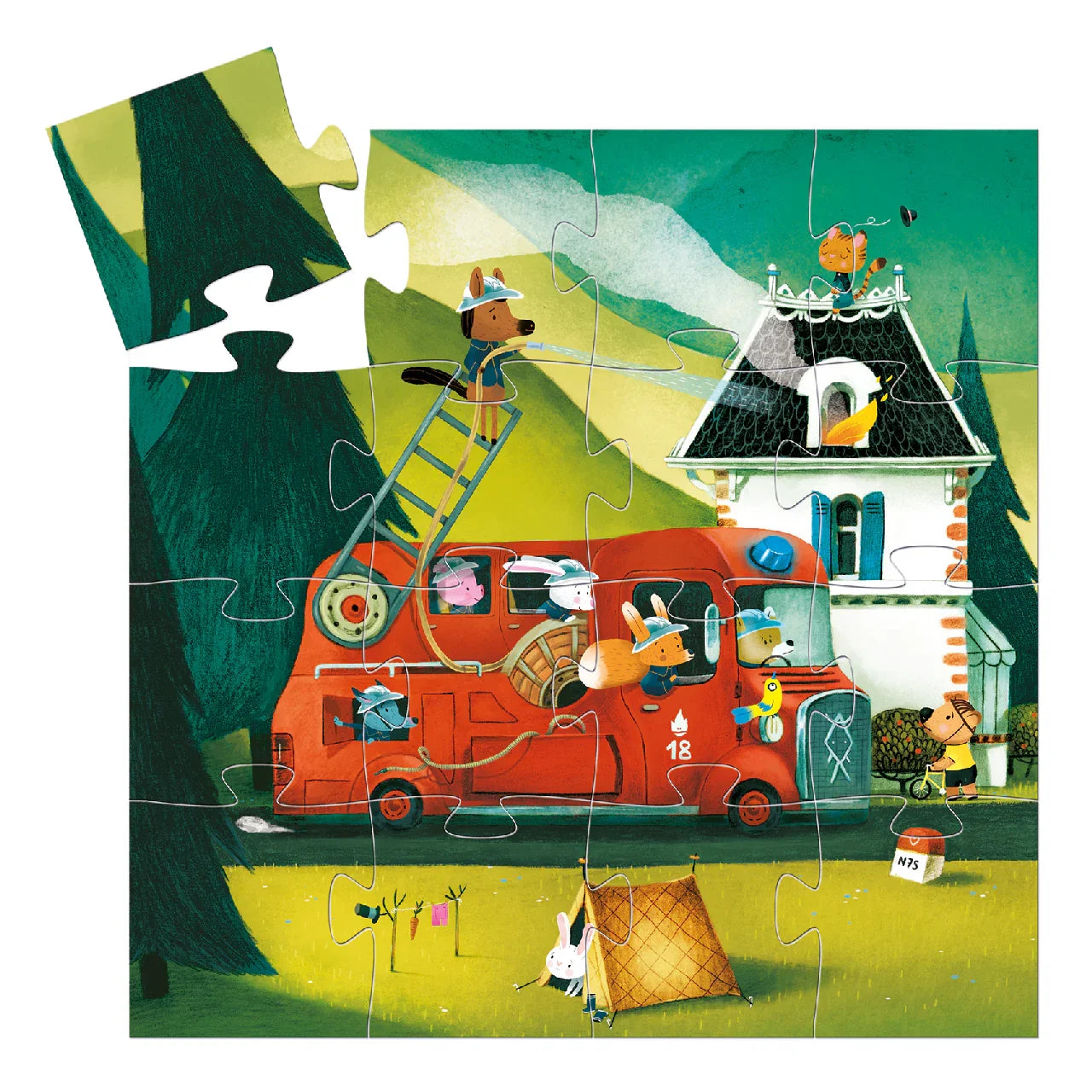 Állatos tűzoltóautós puzzle, gyerekeknek, 16 db-os, piros tűzoltó autó és ház, vidám jelenet
