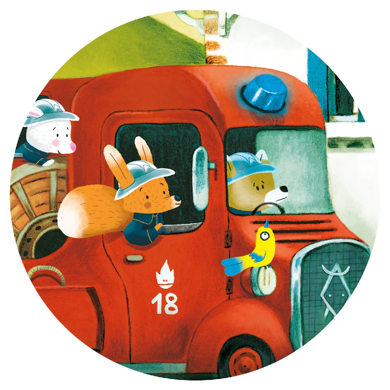 Rajzolt állatok tűzoltóautón, piros jármű, gyerek puzzle, vidám tűzoltós játék