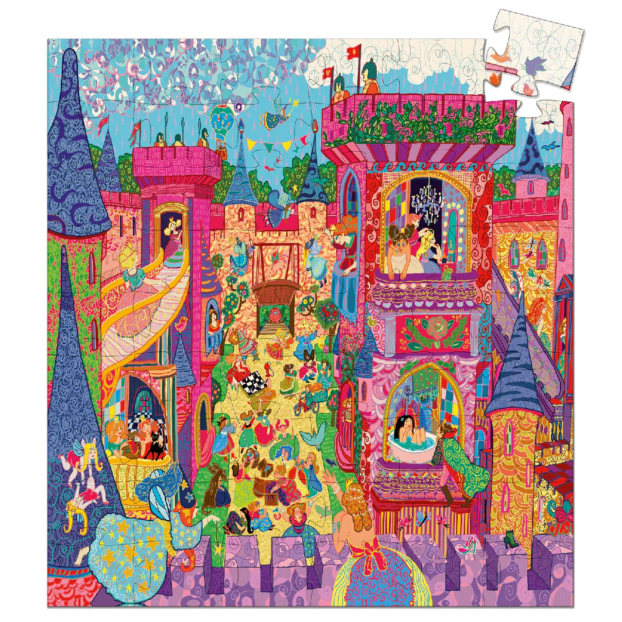 Tündérek kastélyát ábrázoló színes puzzle gyerekeknek, meseszerű jelenetekkel