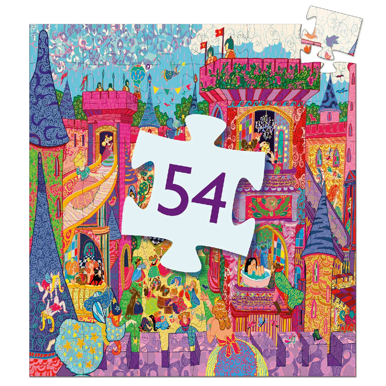 Tündérek kastélya puzzle, 54 darabos, színes mesebeli kastély és tündérek gyerekeknek