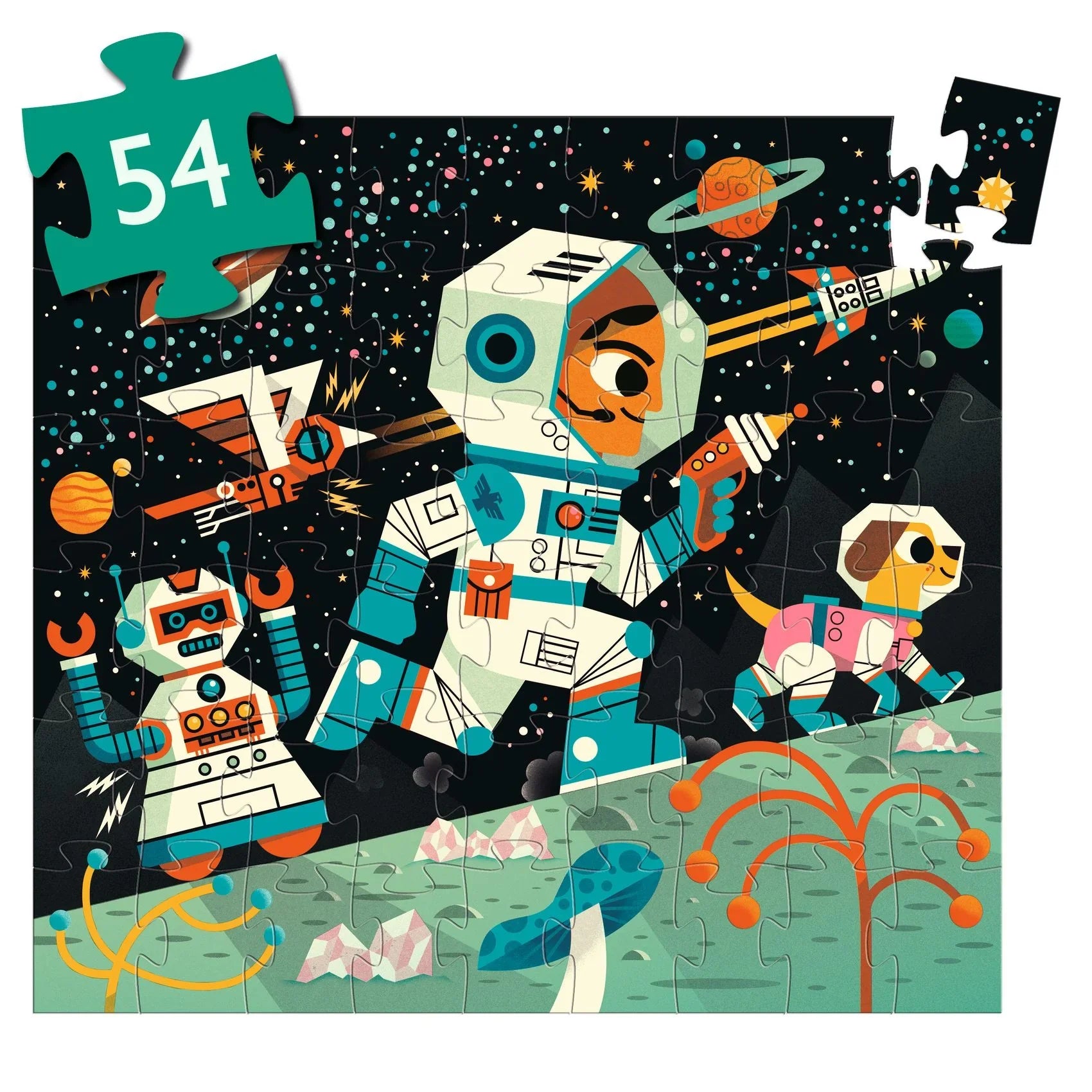Űrállomás témájú gyermek puzzle, űrhajós, robot és kutya űrruhában, 54 darabos