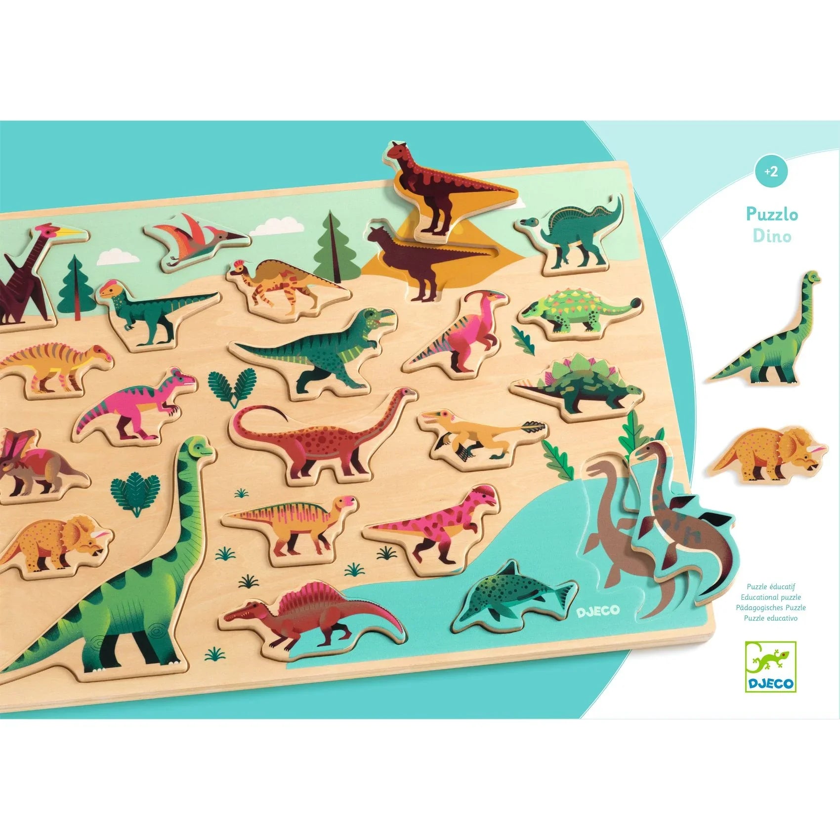 Színes dinoszauruszos fa formaberakó puzzle gyerekeknek, oktató játék