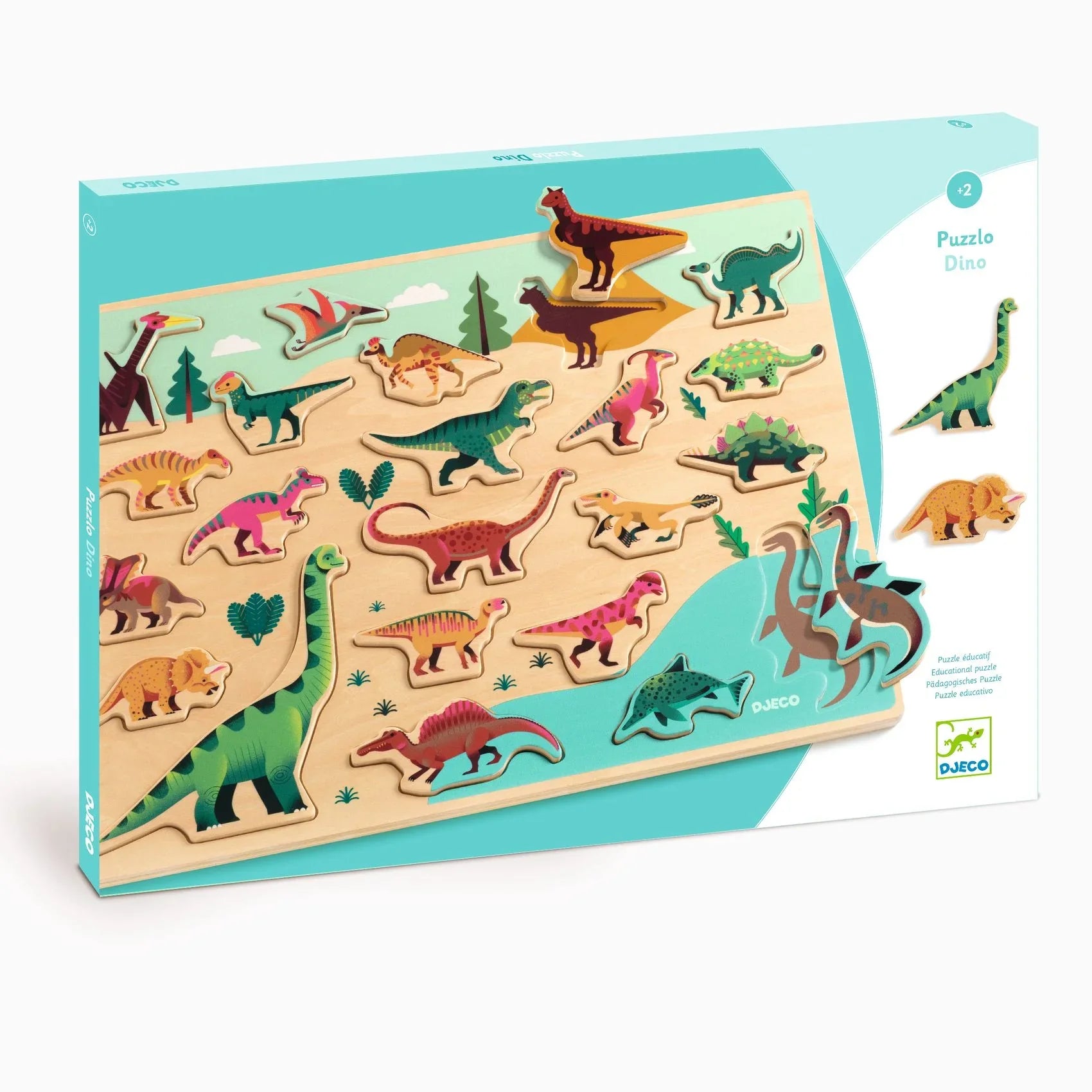 Színes dinoszauruszos fa puzzle gyerekeknek, oktató játék kartondobozban