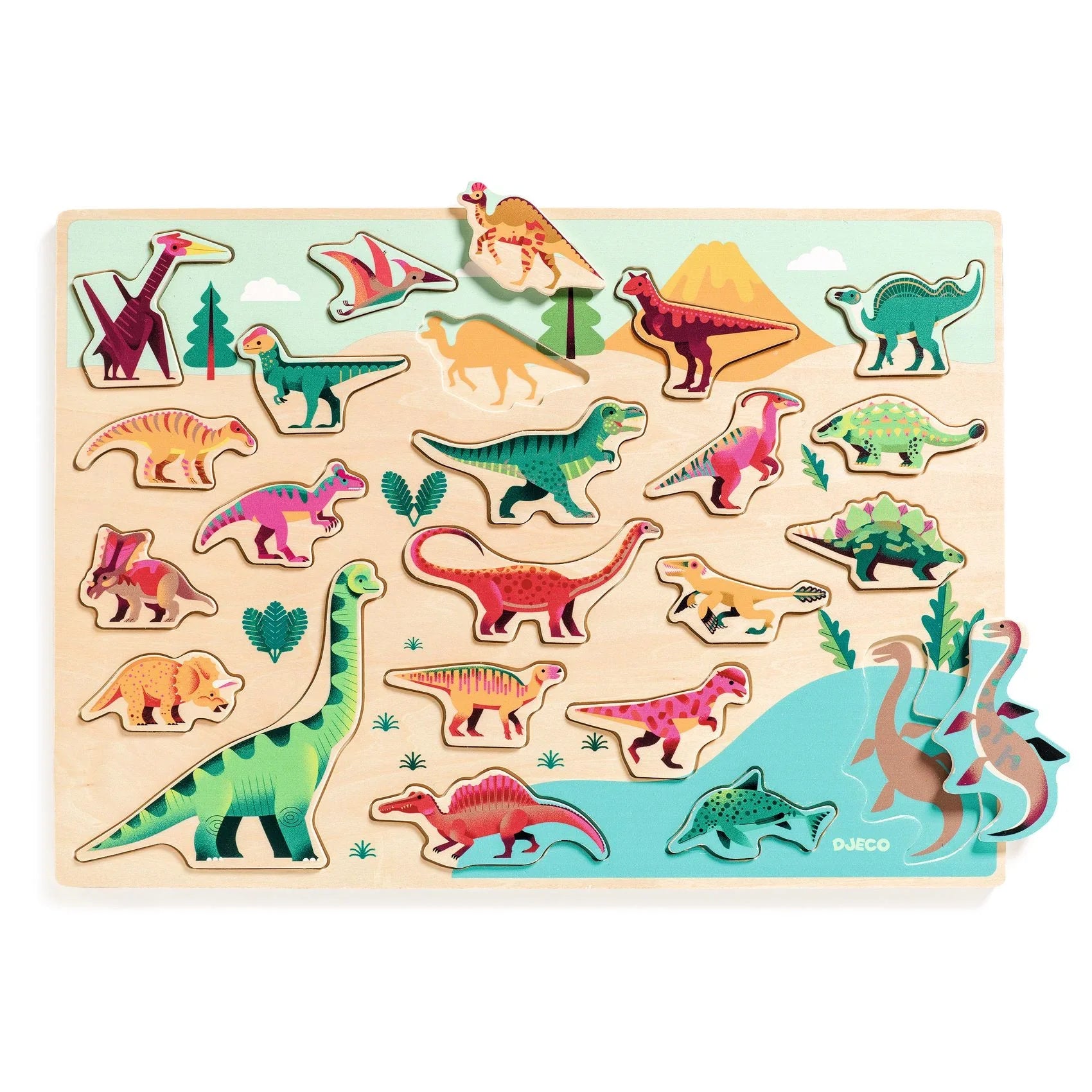 Színes dinoszauruszos fa puzzle gyerekeknek, formaberakó fejlesztő játék