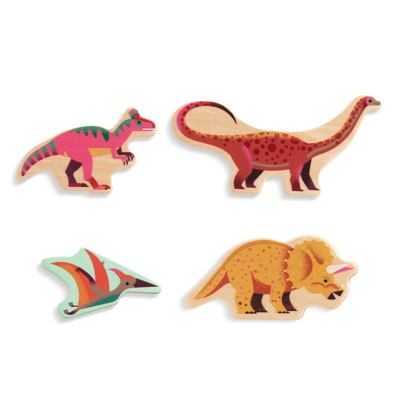 Színes fa dinoszaurusz puzzle elemek gyerekeknek, négy különböző dínó forma