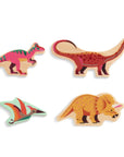 Színes fa dinoszaurusz puzzle elemek gyerekeknek, négy különböző dínó forma