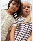 Fub Knitted organic cotton T-shirt, striped - ecru/dark navy