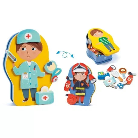 Gyerek formadobozos puzzle, orvos és tűzoltó témával, színes fa kirakó darabokkal