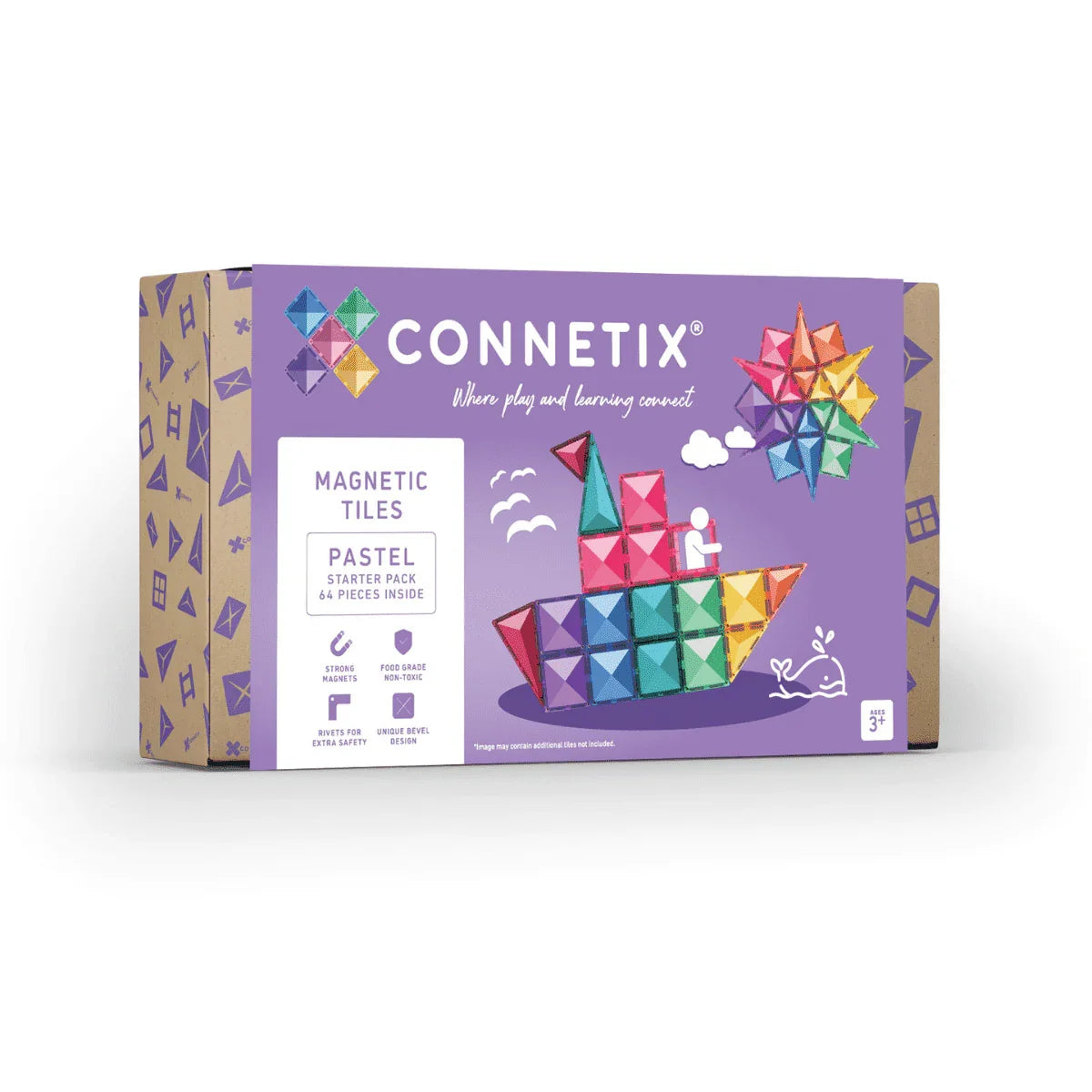 Connetix mágneses építőkocka készlet doboz, színes pastel elemekkel, gyerekjáték