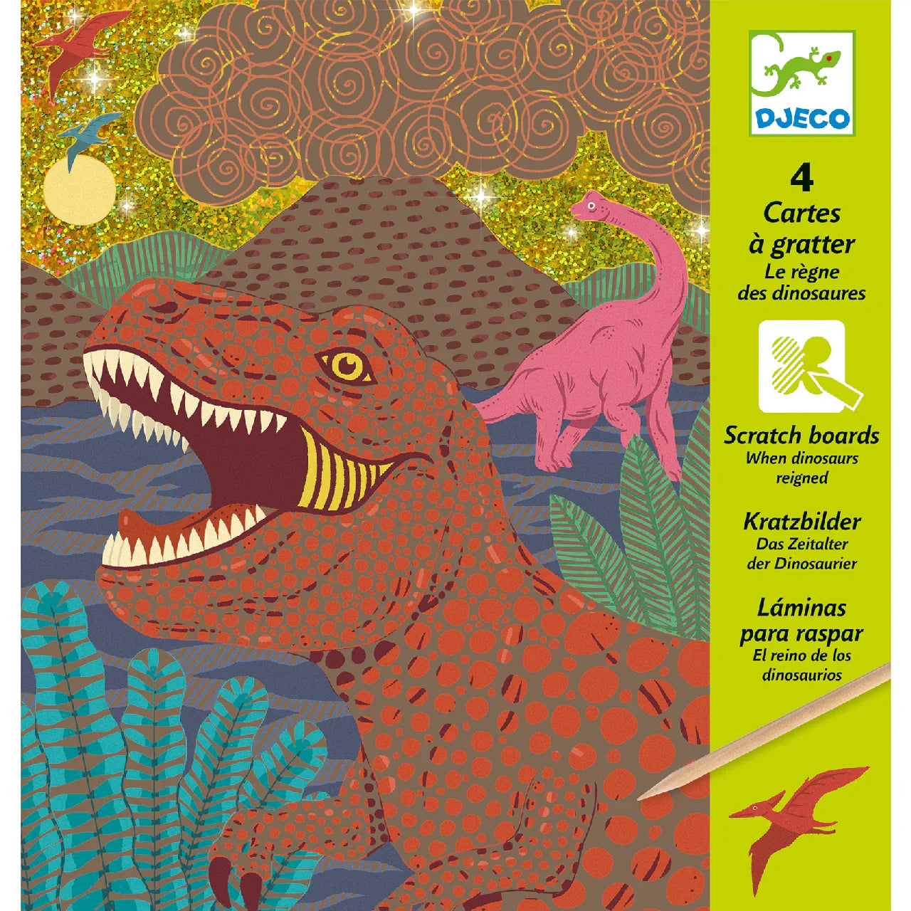 Dinoszauruszos karckép készlet élénk színekkel, T-Rex és növényevők, arany háttérrel.