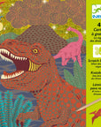 Dinoszauruszos karckép készlet élénk színekkel, T-Rex és növényevők, arany háttérrel.