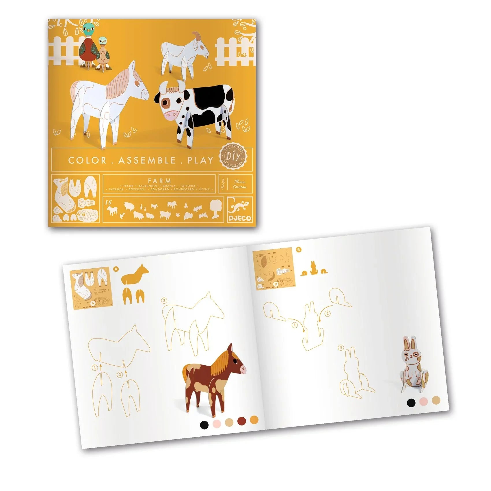 Gyerekeknek szóló DIY 3D farm állat készítő játék, lovat és nyulat ábrázoló útmutatóval.