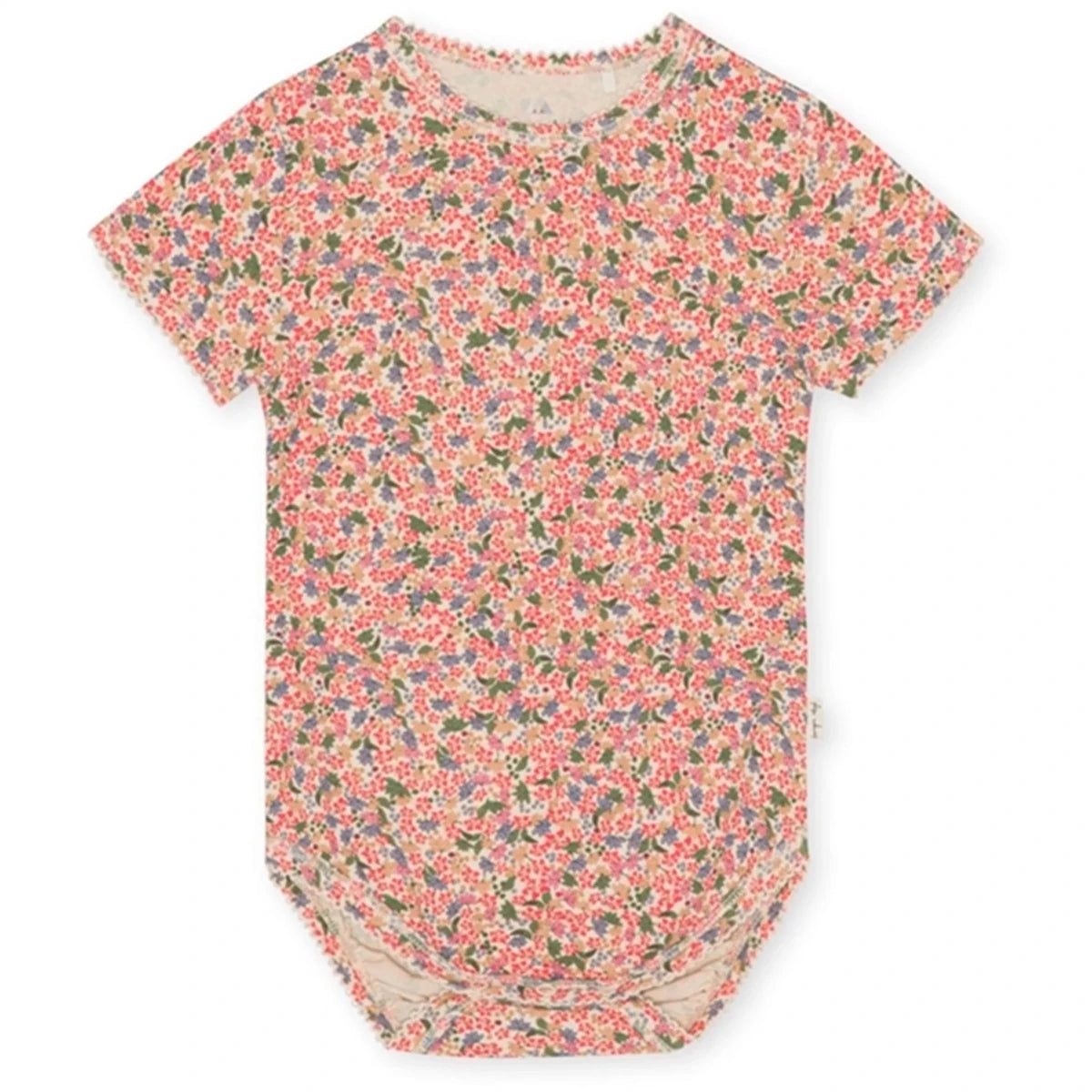 Rövid ujjú bababody virágmintás, piros és rózsaszín, pamut baba ruha