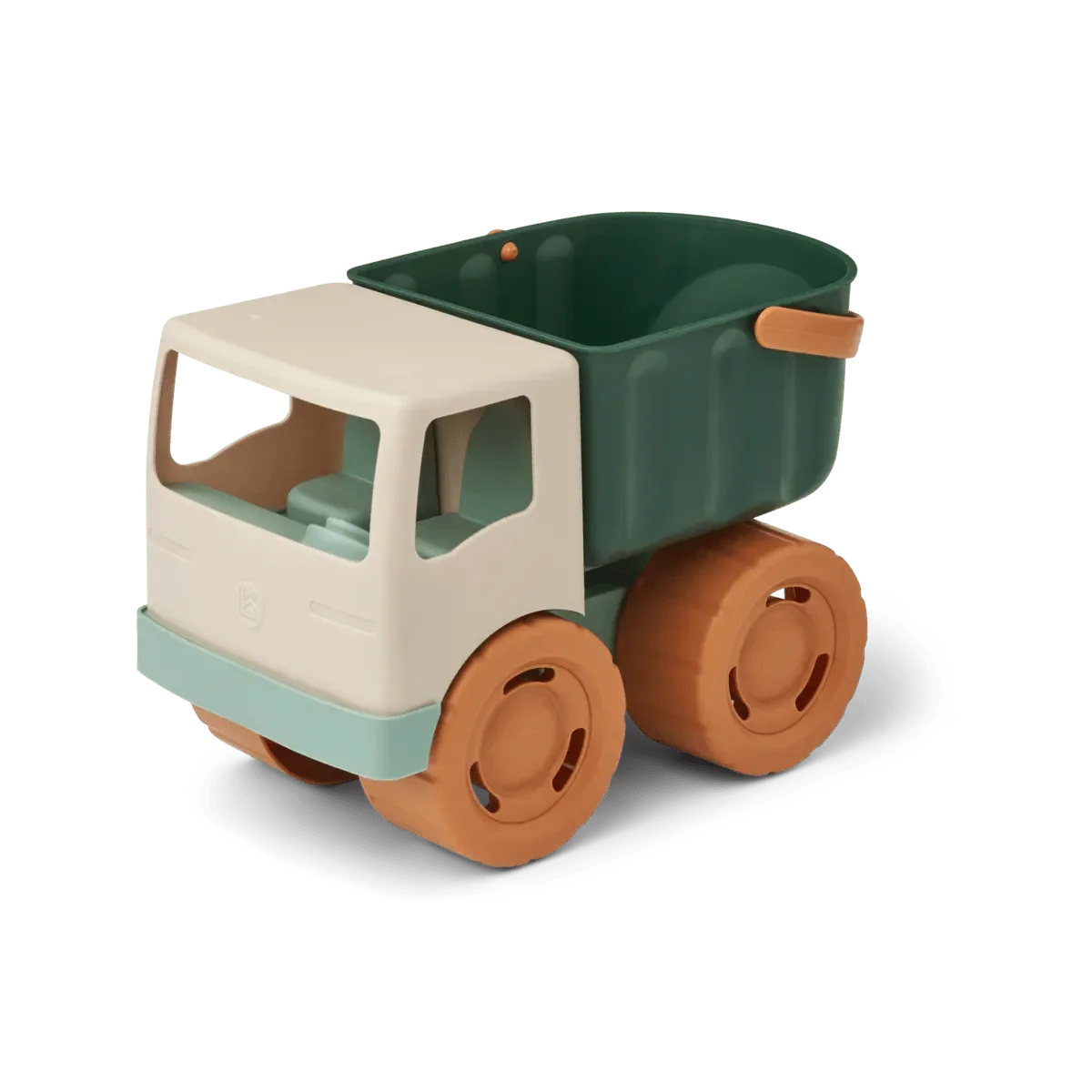 Gyerek műanyag homokozó teherautó zöld, bézs és barna színben, nagy kerekekkel