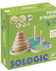 Fa logikai játék, toronyépítő, színes növény mintás alaplappal, Djeco Tour d'Hanoi dobozban