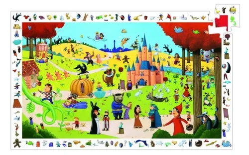 Mesefigurás megfigyelő puzzle, színes tündérmese szereplőkkel, kastéllyal és erdei jelenettel.