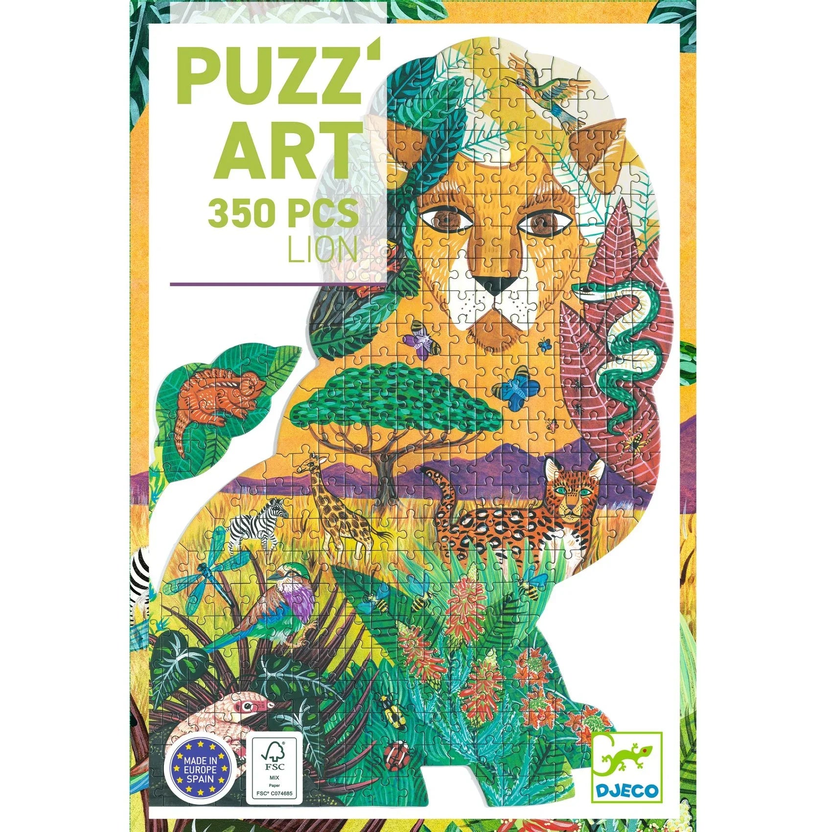 Művészi, 350 darabos oroszlán formájú puzzle élénk dzsungel állatokkal és növényekkel.