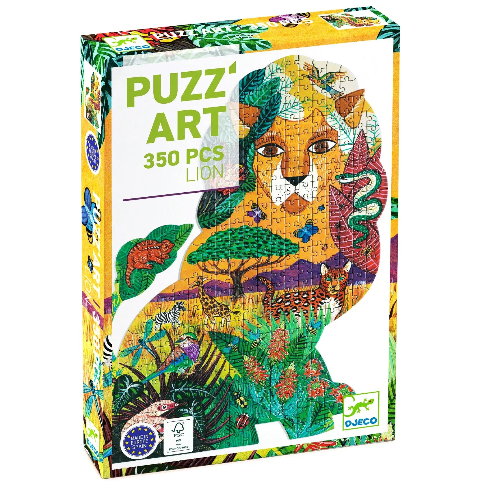 Oroszlános 350 darabos művészi kirakó, színes dzsungel állatokkal, gyerek puzzle dobozban