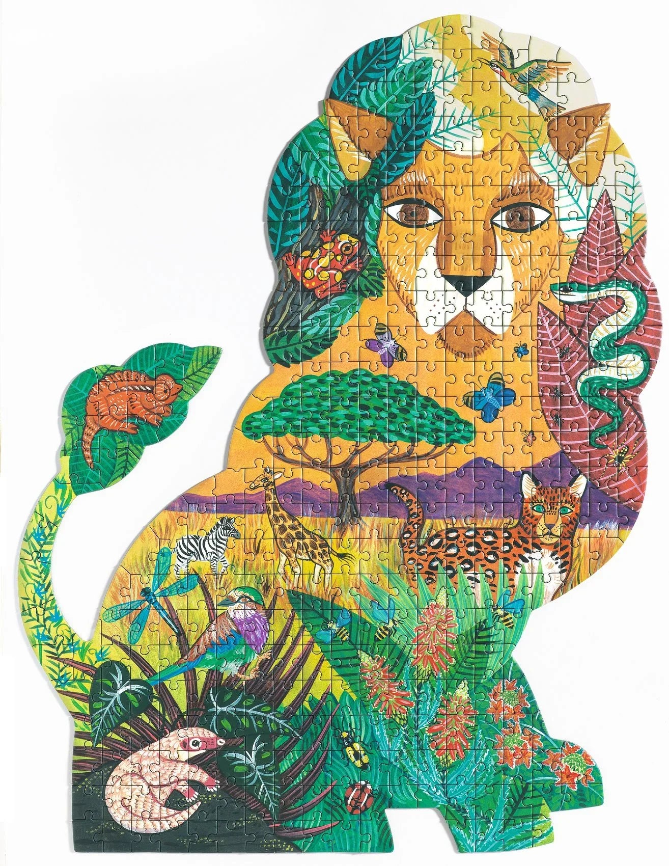 Színes oroszlán alakú puzzle, 350 darabos, dzsungel állatokkal és növényekkel díszítve.