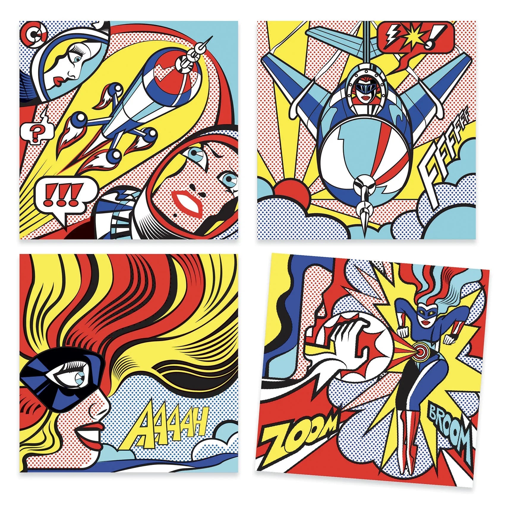 Színes pop-art képek szuperhősökkel, repülővel, női hőssel és képregényes elemekkel.