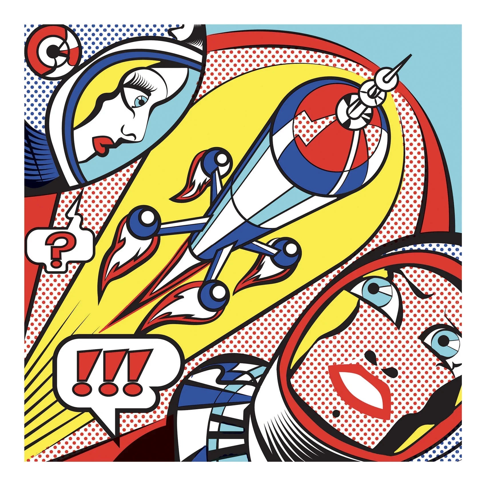 Pop-art stílusú űrhajósok és rakéta élénk színekkel, képregény inspirációval