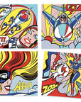 Színes pop-art képek szuperhősökkel, repülővel, női hőssel és képregényes elemekkel.