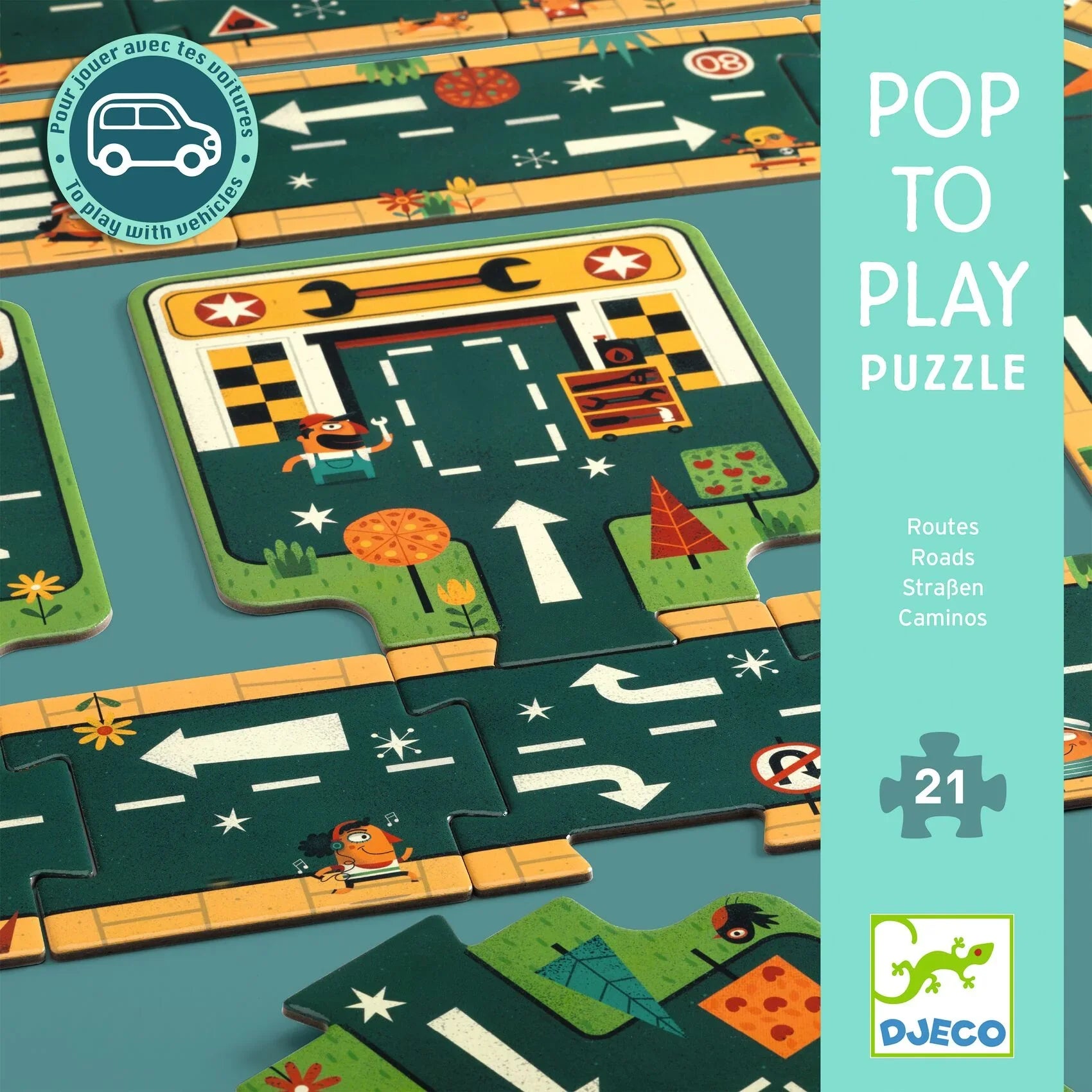 Gyerek puzzle játék, úthálózat mintával, autós játékkal kompatibilis, 21 darabos Djeco