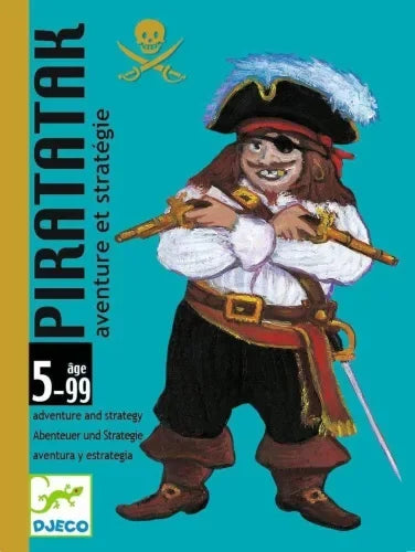 Piratatak kártyajáték dobozán kalóz illusztráció, 5 éves kortól, Djeco társasjáték