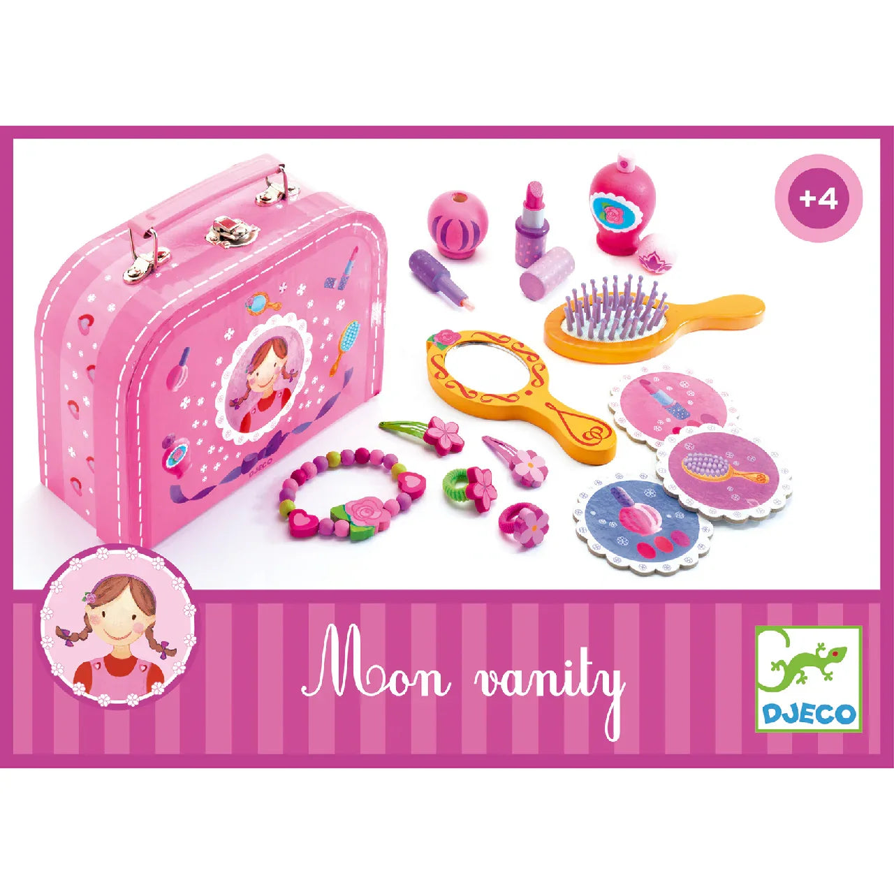 Szerepjáték piperekészlet gyerekeknek, rózsaszín bőrönd, tükrök, fésű, kiegészítők