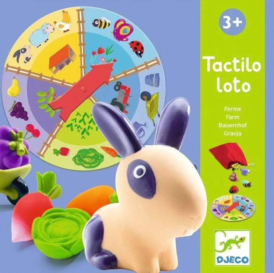 Tactilo Lotto farmos társasjáték tárcsával, játékkal, nyúl figurával és zöldségekkel, 3 éves kortól.