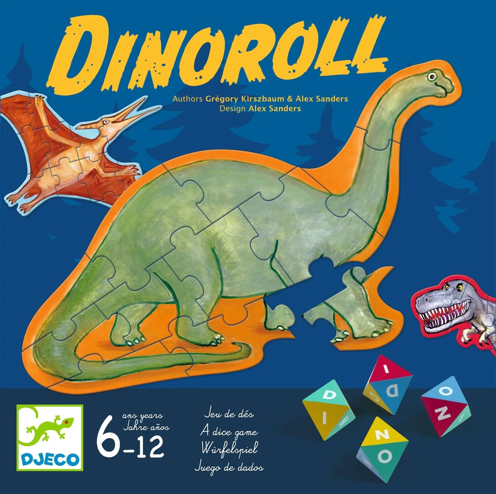 Dinós társasjáték doboza, puzzle elemekkel, színes kockákkal, és vidám dinoszauruszokkal.