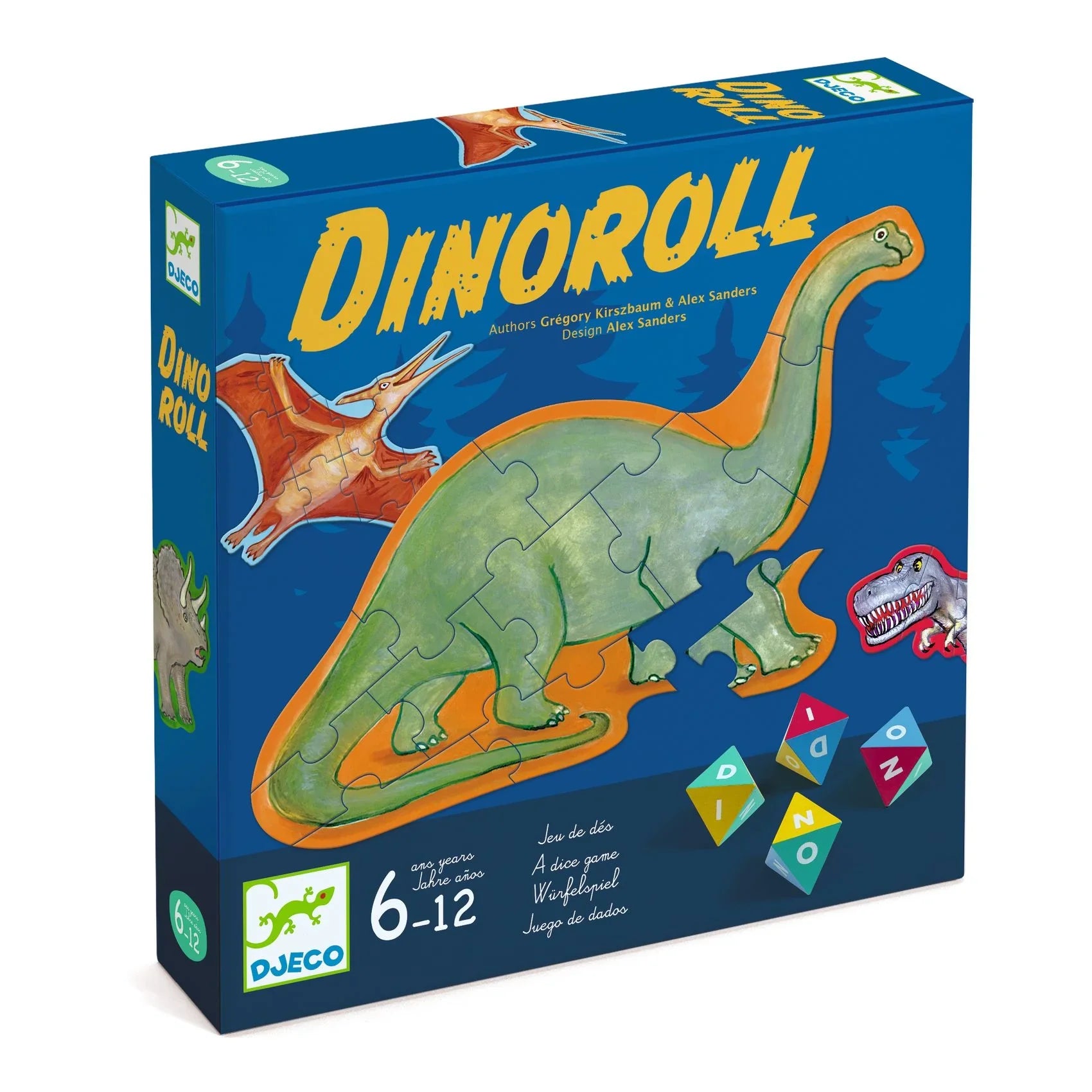 Dinós társasjáték doboza, színes dinoszauruszokkal, 6-12 éves gyerekeknek ajánlott.