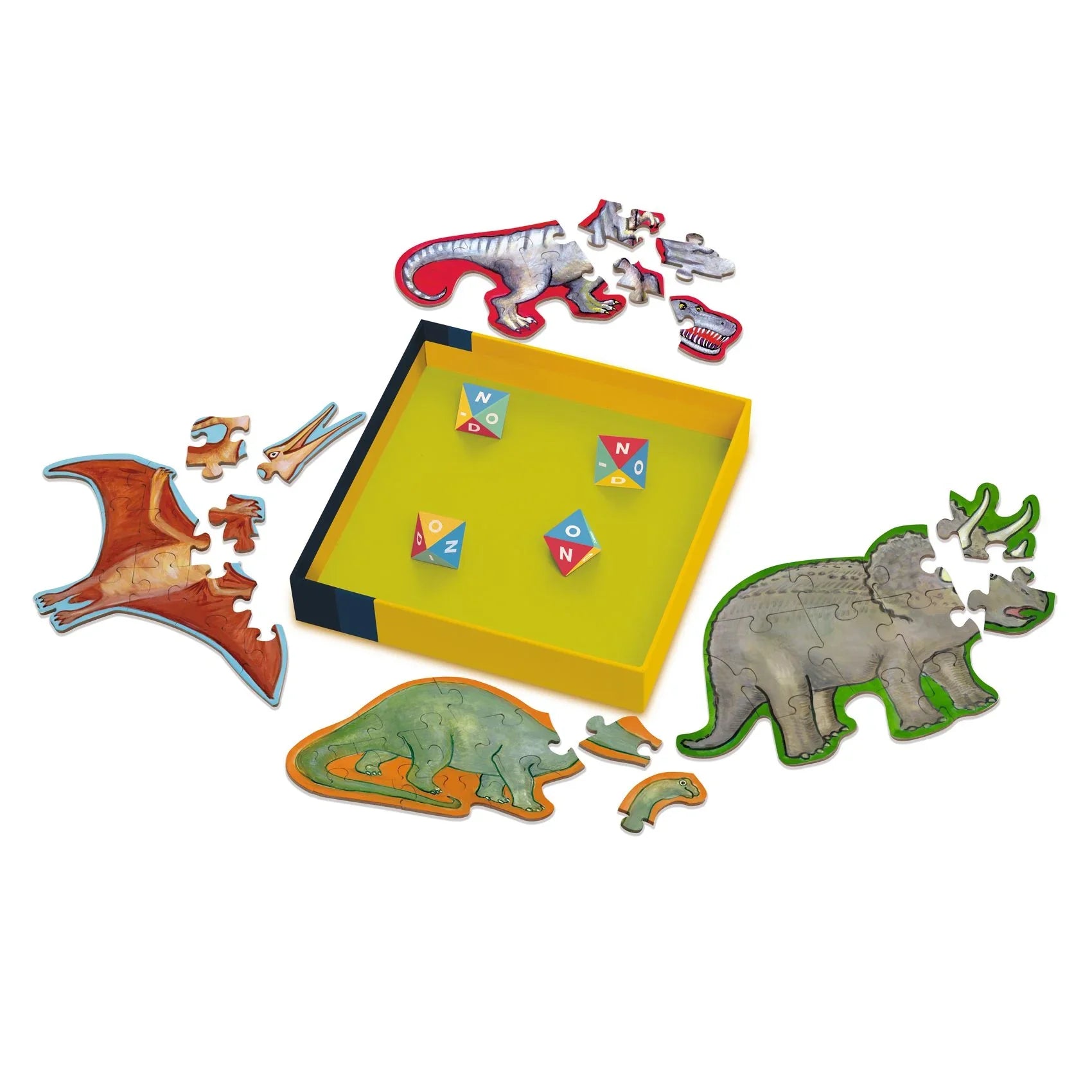 Dínós társasjáték színes kirakó darabokkal és dobókockákkal, gyerek puzzle