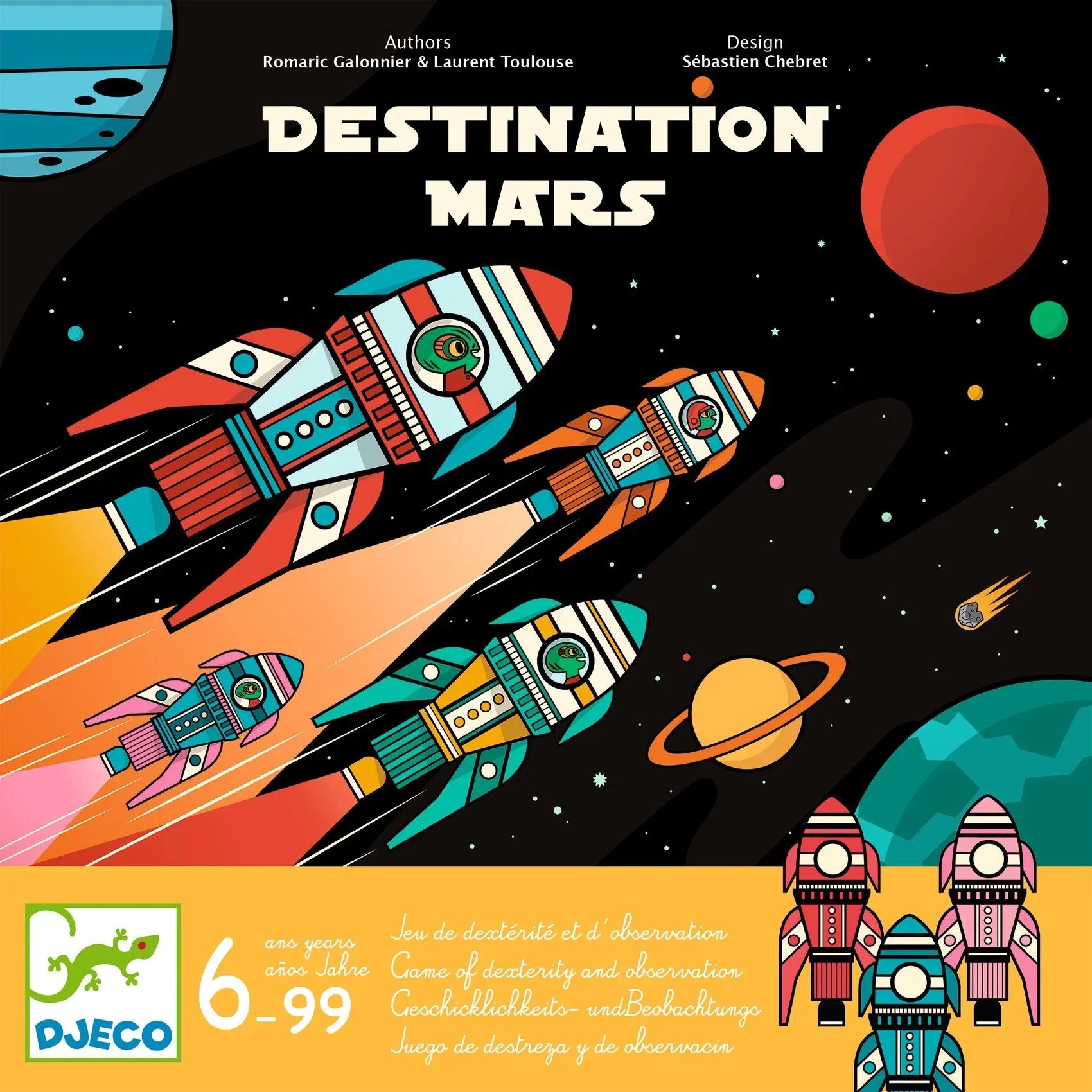 Űr témájú társasjáték doboz, színes rakétákkal, bolygókkal és Destination Mars felirattal