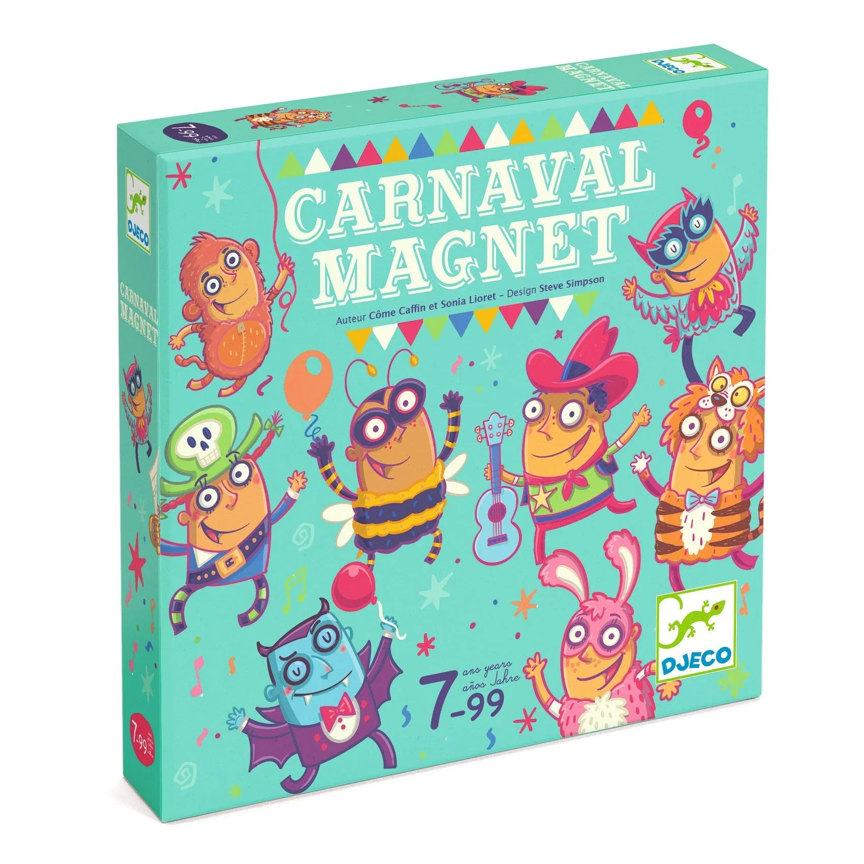 Carnaval Magnet társasjáték doboz, színes jelmezes figurákkal, 7-99 éves korosztálynak